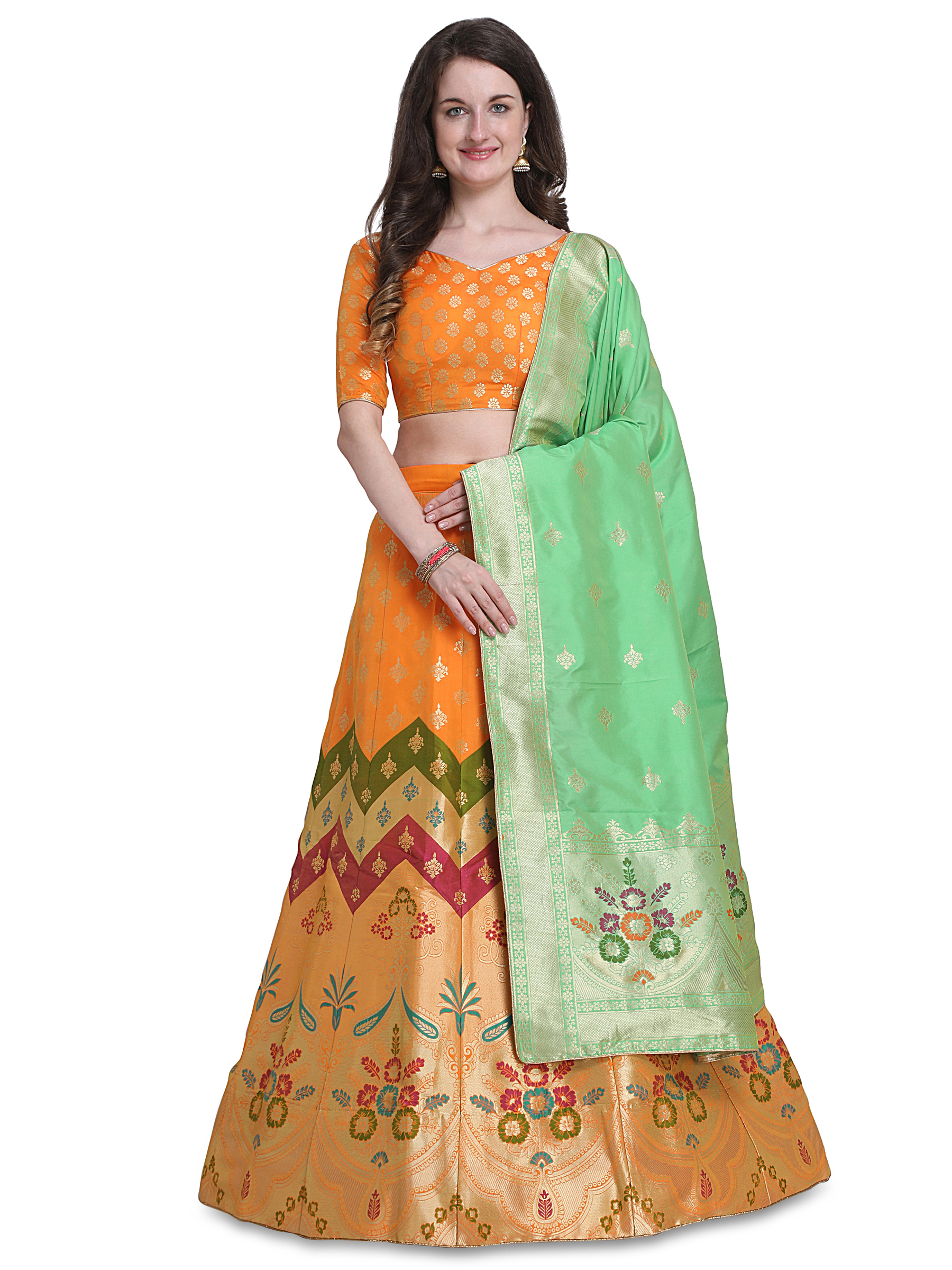 Orange Woven Jacquard Lehenga Choli