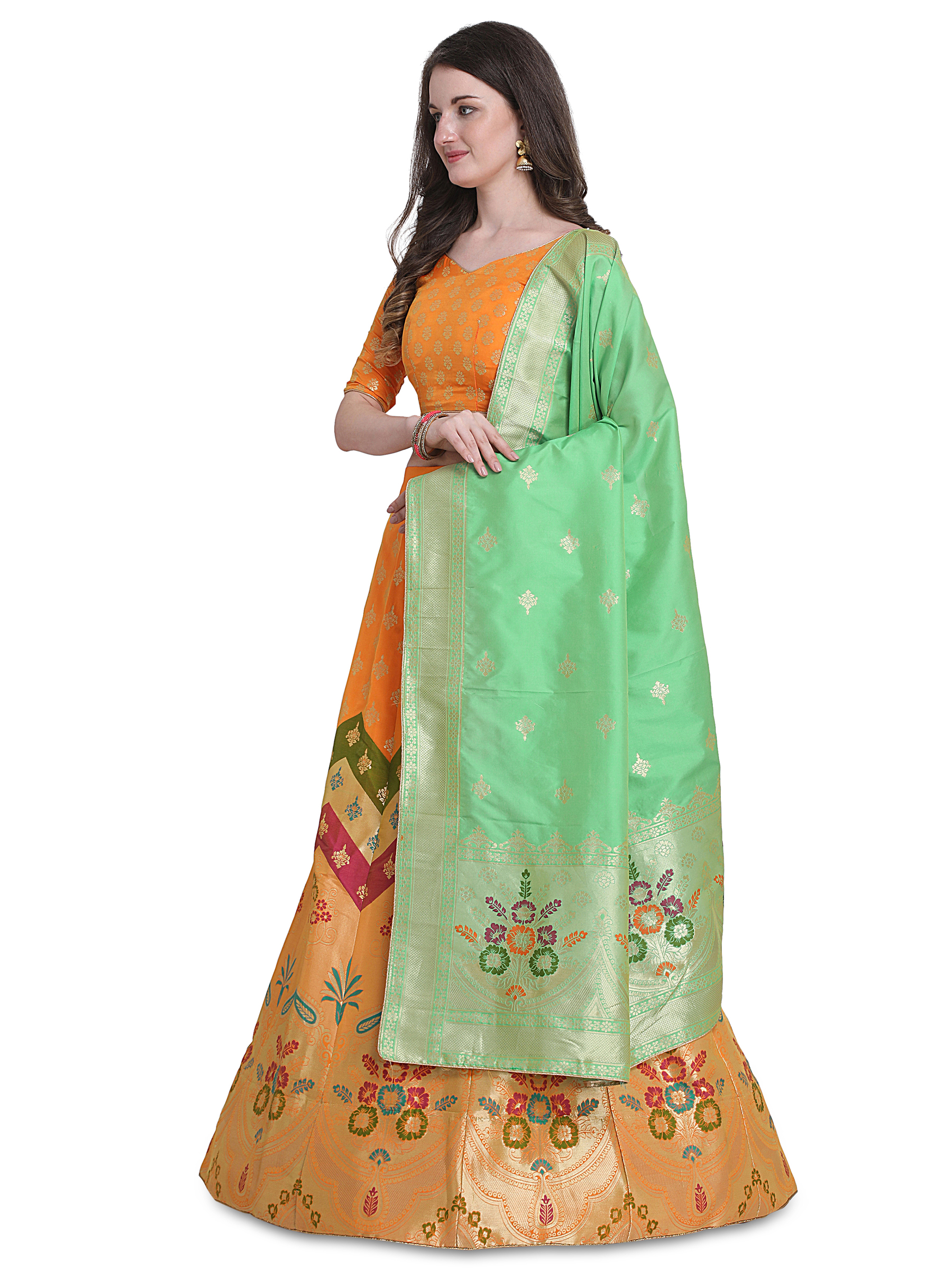 Orange Woven Jacquard Lehenga Choli