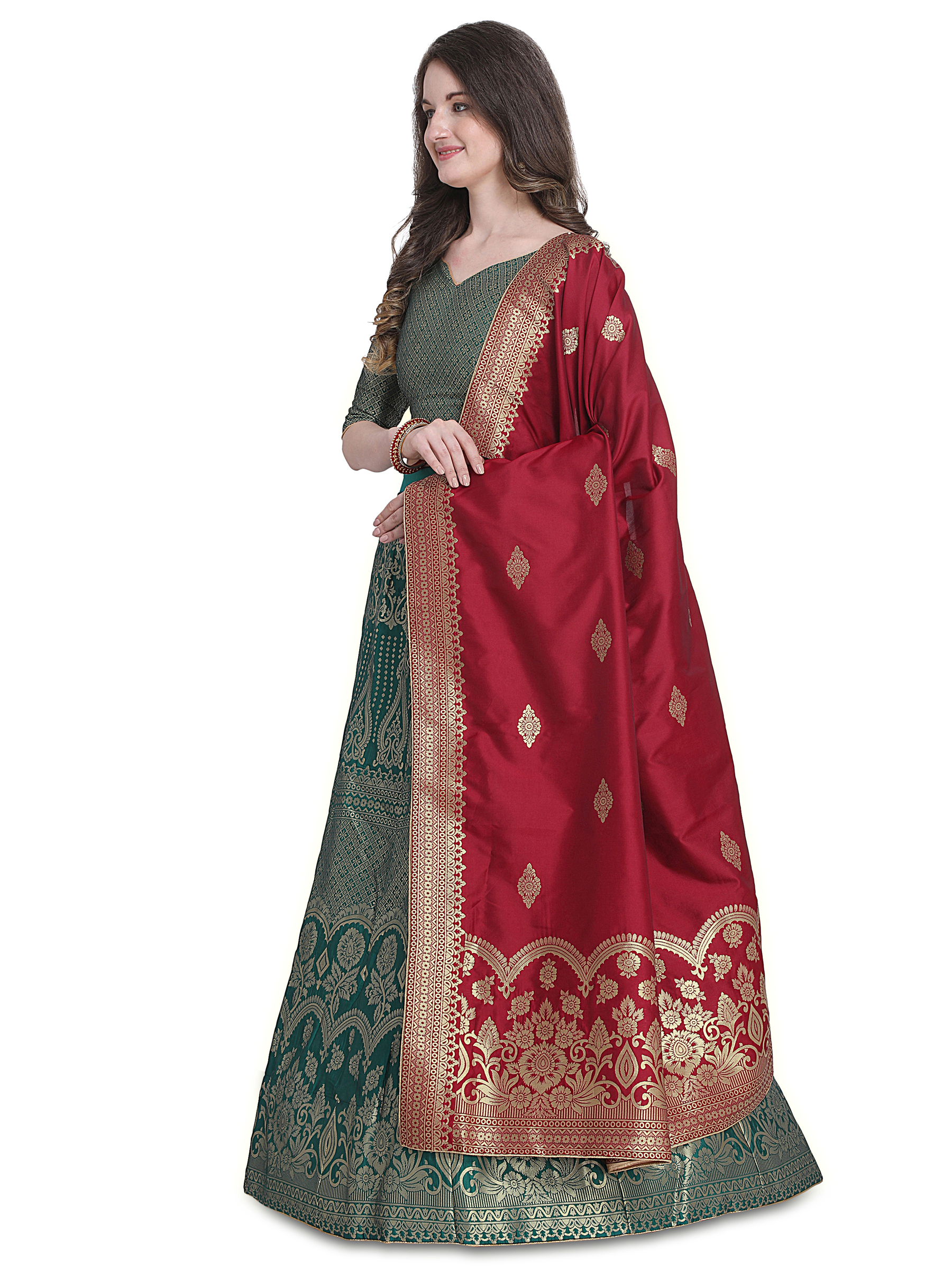 Green Woven Jacquard Lehenga Choli