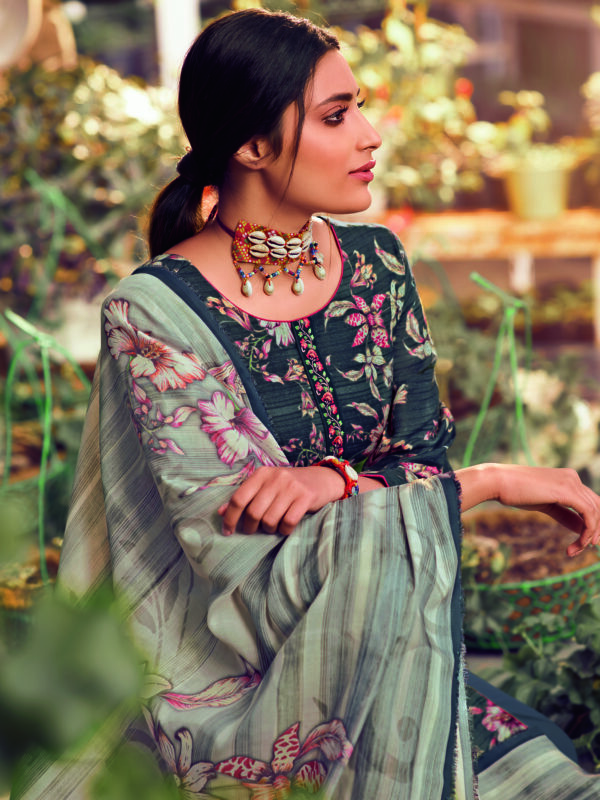 Stylee Lifestyle Navy Blue Pashmina Printed Dress Material
