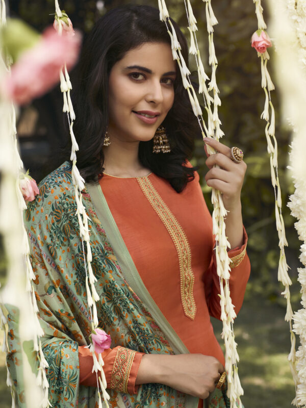 Stylee Lifestyle Orange Pashmina Embroidered Dress Material