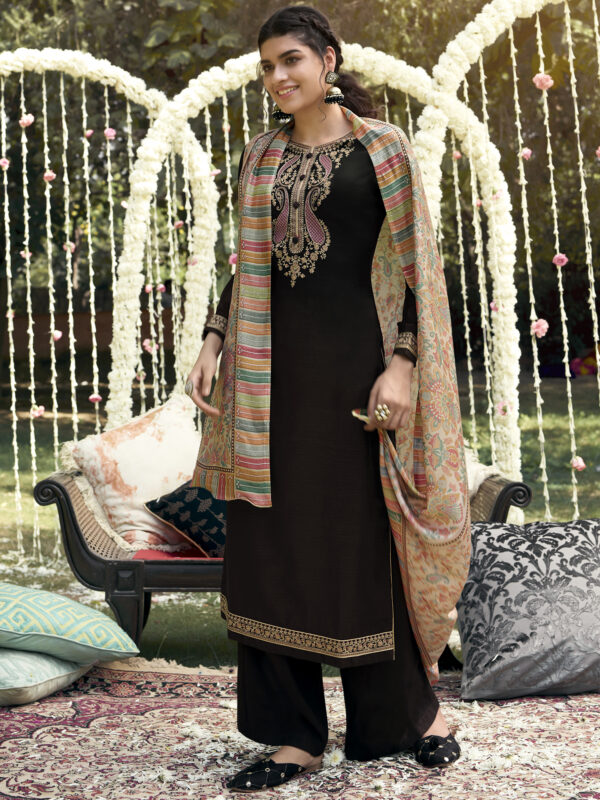 Stylee Lifestyle Brown Pashmina Embroidered Dress Material