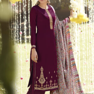 Stylee Lifestyle Wine Pashmina Embroidered Dress Material