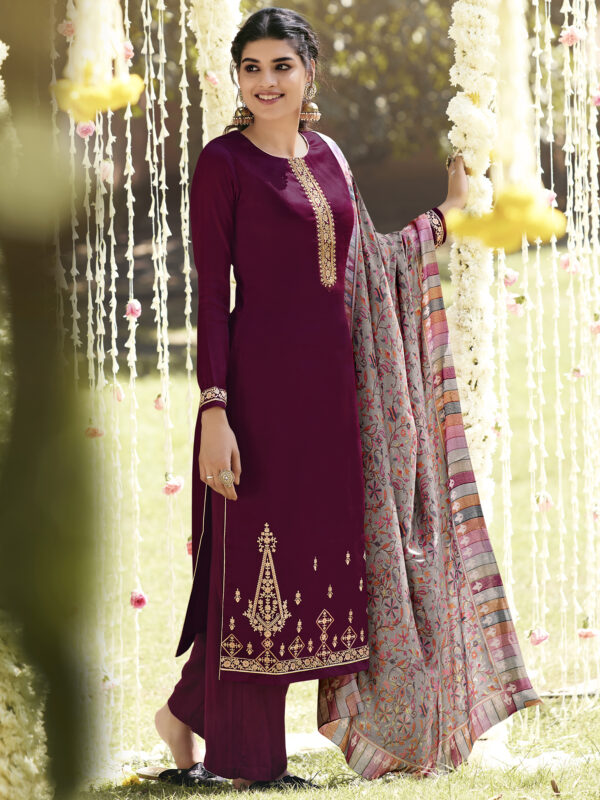 Stylee Lifestyle Wine Pashmina Embroidered Dress Material