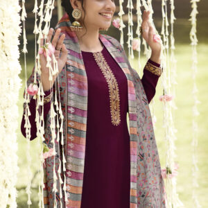 Stylee Lifestyle Wine Pashmina Embroidered Dress Material