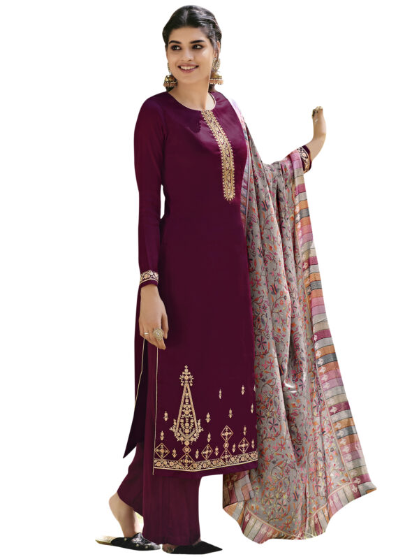 Stylee Lifestyle Wine Pashmina Embroidered Dress Material