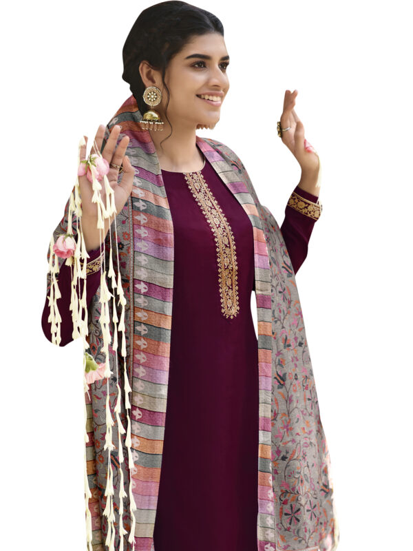 Stylee Lifestyle Wine Pashmina Embroidered Dress Material