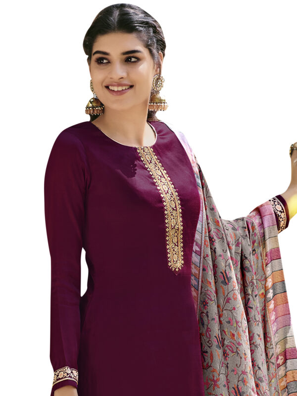 Stylee Lifestyle Wine Pashmina Embroidered Dress Material