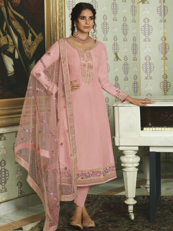 Stylee Lifestyle Peach Tussar Silk Embroidered Dress Material