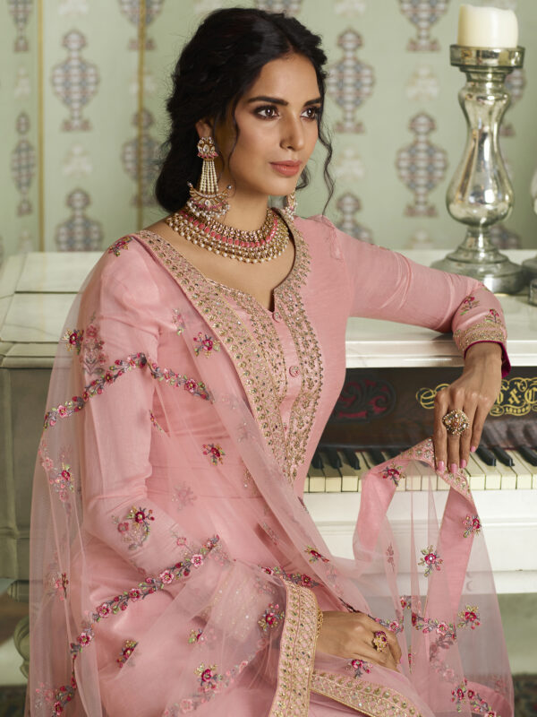 Stylee Lifestyle Peach Tussar Silk Embroidered Dress Material