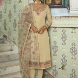 Stylee Lifestyle Beige Tussar Silk Embroidered Dress Material