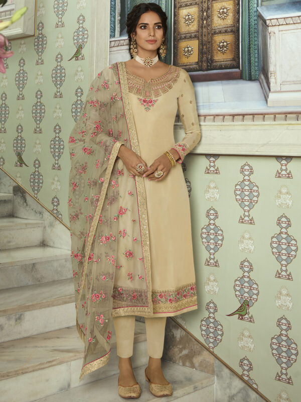 Stylee Lifestyle Beige Tussar Silk Embroidered Dress Material