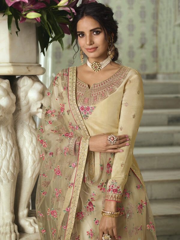 Stylee Lifestyle Beige Tussar Silk Embroidered Dress Material