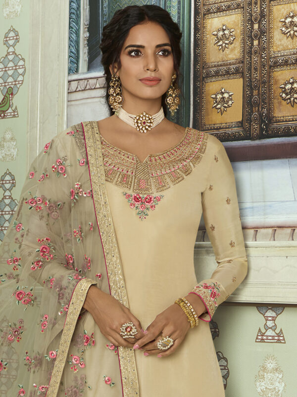 Stylee Lifestyle Beige Tussar Silk Embroidered Dress Material