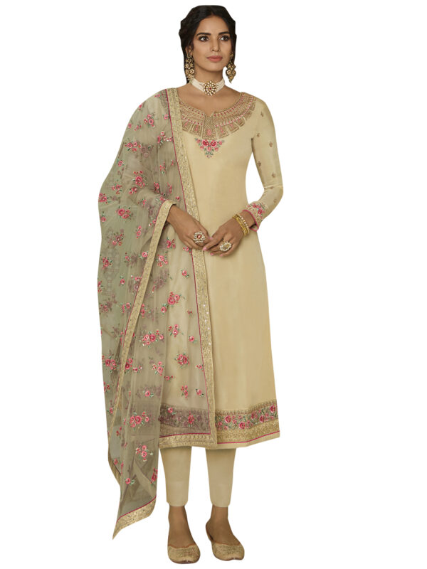 Stylee Lifestyle Beige Tussar Silk Embroidered Dress Material