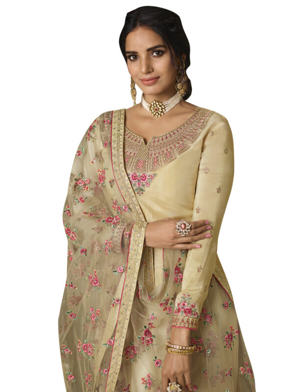 Stylee Lifestyle Beige Tussar Silk Embroidered Dress Material