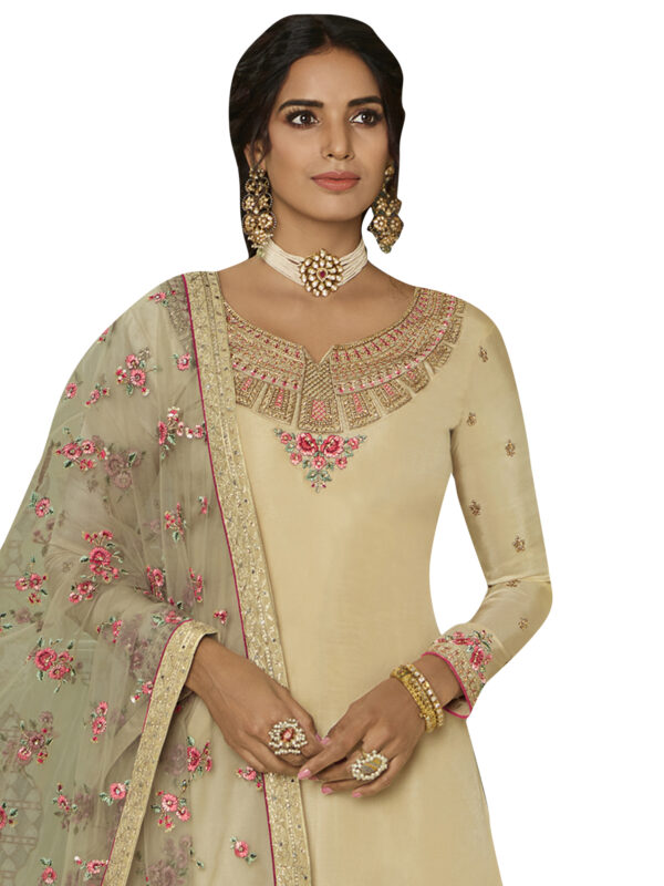 Stylee Lifestyle Beige Tussar Silk Embroidered Dress Material