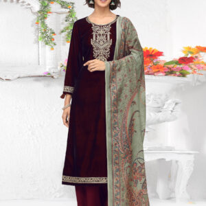 Stylee Lifestyle Maroon Velvet Embroidered Dress Material