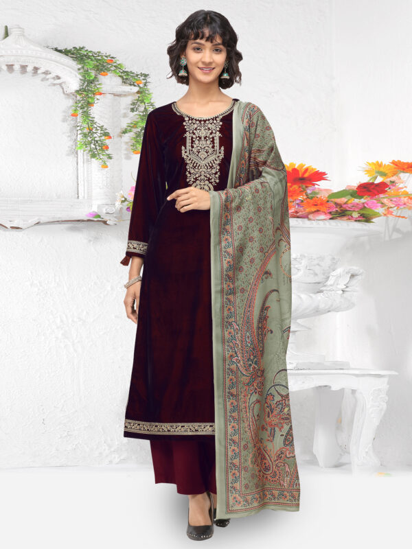 Stylee Lifestyle Maroon Velvet Embroidered Dress Material