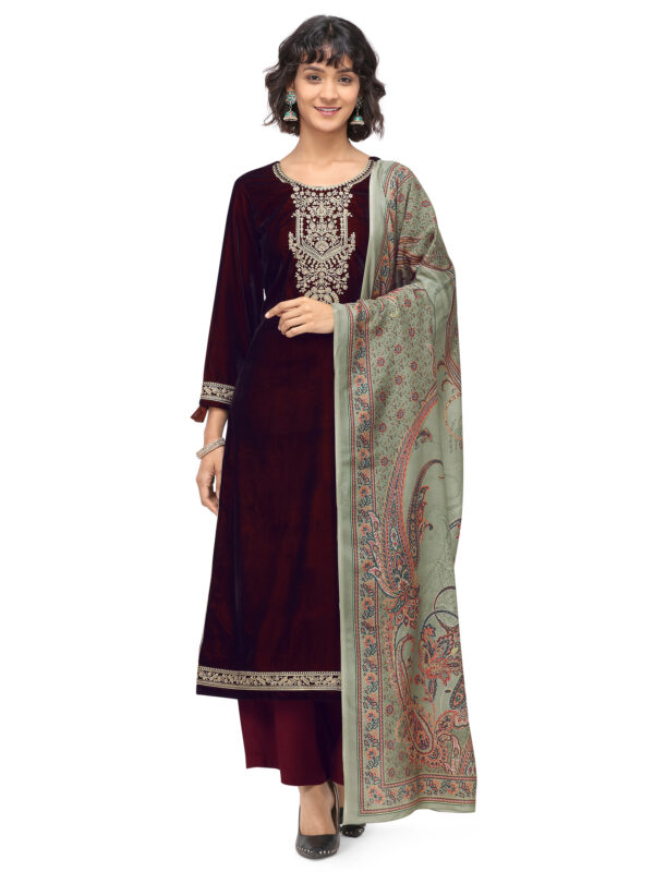 Stylee Lifestyle Maroon Velvet Embroidered Dress Material