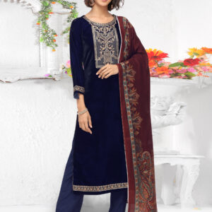 Stylee Lifestyle Blue Velvet Embroidered Dress Material