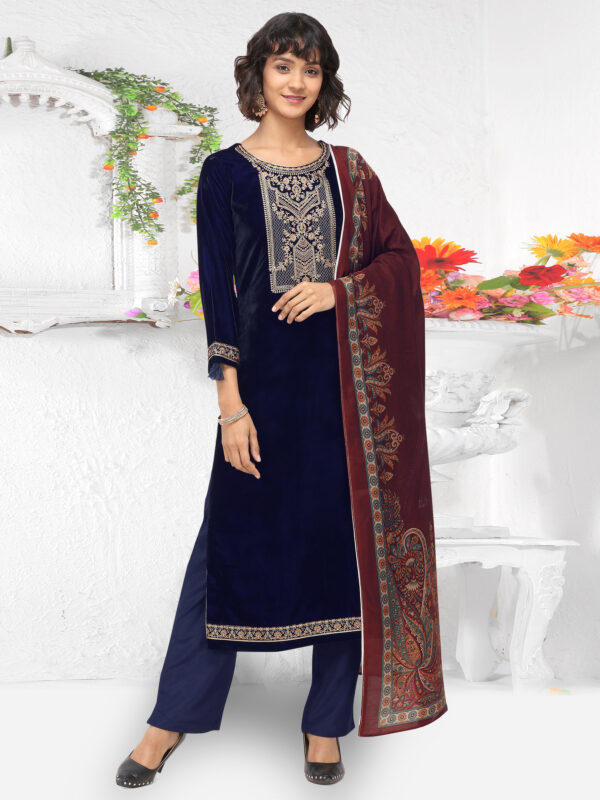 Stylee Lifestyle Blue Velvet Embroidered Dress Material