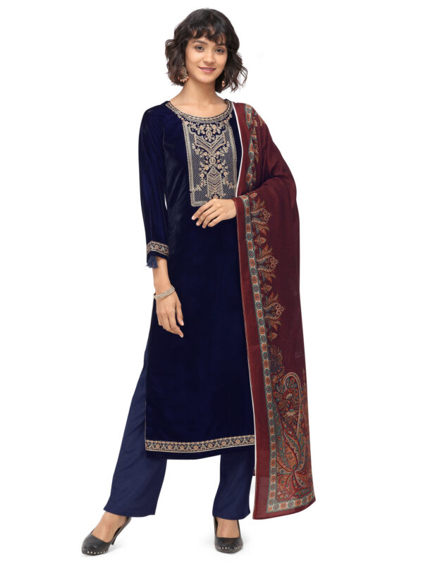 Stylee Lifestyle Blue Velvet Embroidered Dress Material