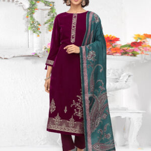 Stylee Lifestyle Magenta Velvet Embroidered Dress Material