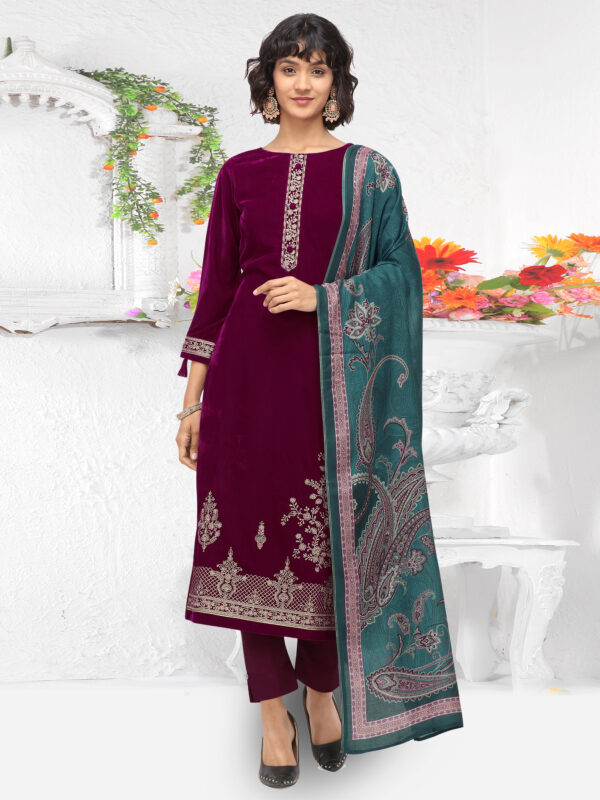 Stylee Lifestyle Magenta Velvet Embroidered Dress Material