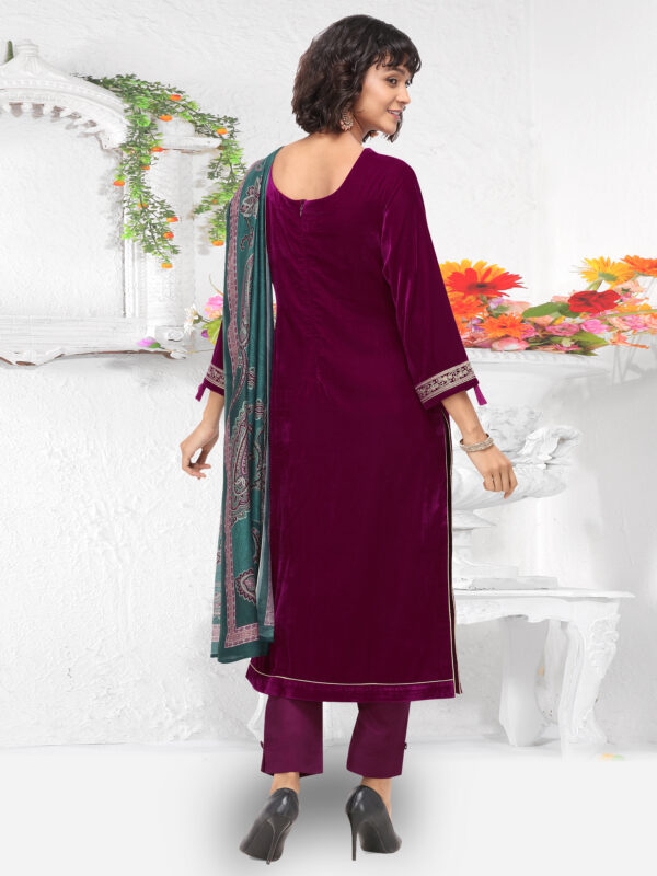 Stylee Lifestyle Magenta Velvet Embroidered Dress Material