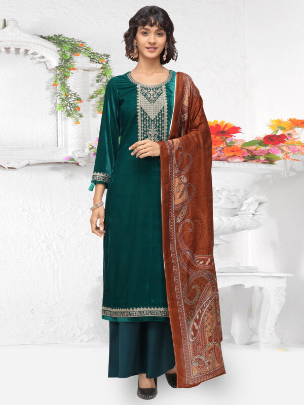 Stylee Lifestyle Green Velvet Embroidered Dress Material