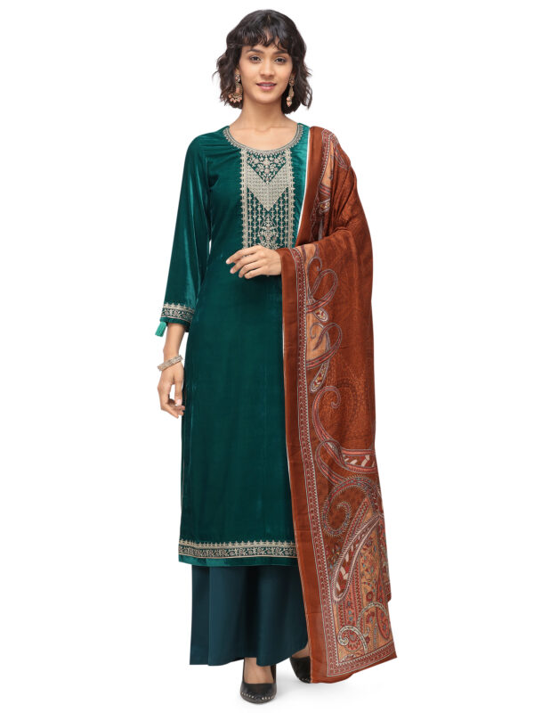 Stylee Lifestyle Green Velvet Embroidered Dress Material