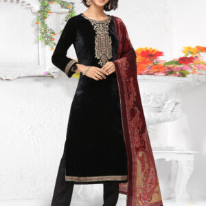 Stylee Lifestyle Black Velvet Embroidered Dress Material