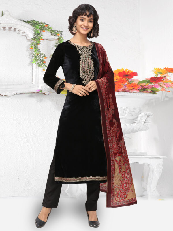 Stylee Lifestyle Black Velvet Embroidered Dress Material