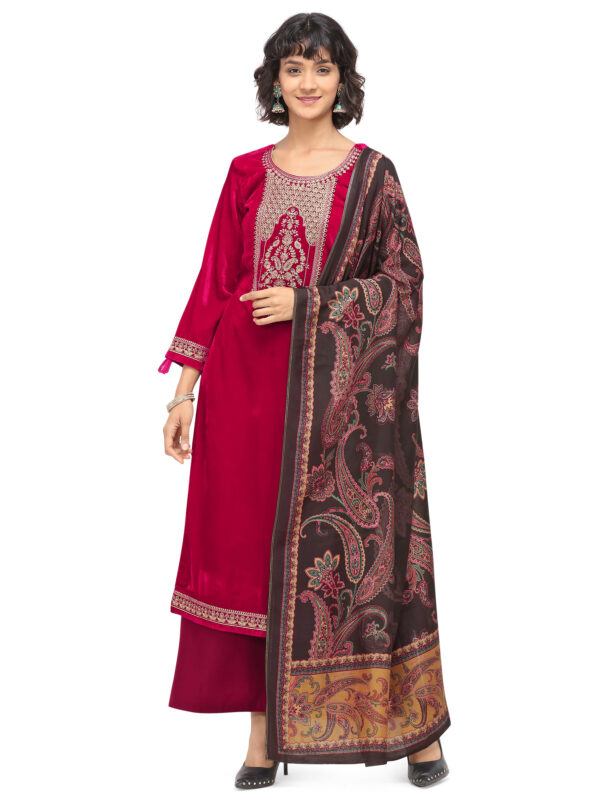 Stylee Lifestyle Red Velvet Embroidered Dress Material