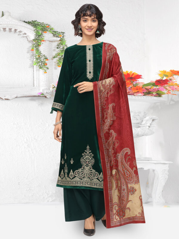 Stylee Lifestyle Green Velvet Embroidered Dress Material