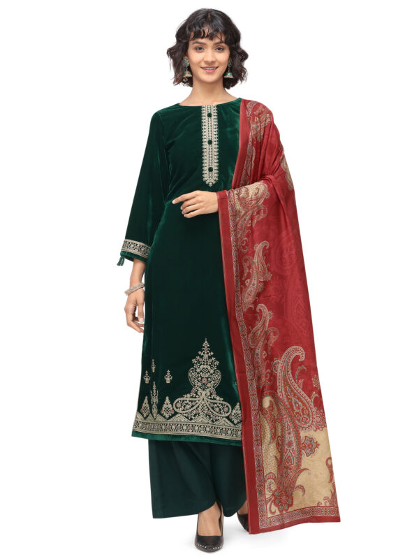 Stylee Lifestyle Green Velvet Embroidered Dress Material