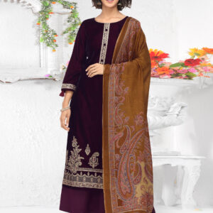 Stylee Lifestyle Purple Velvet Embroidered Dress Material