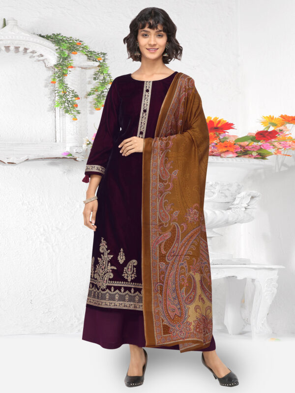 Stylee Lifestyle Purple Velvet Embroidered Dress Material