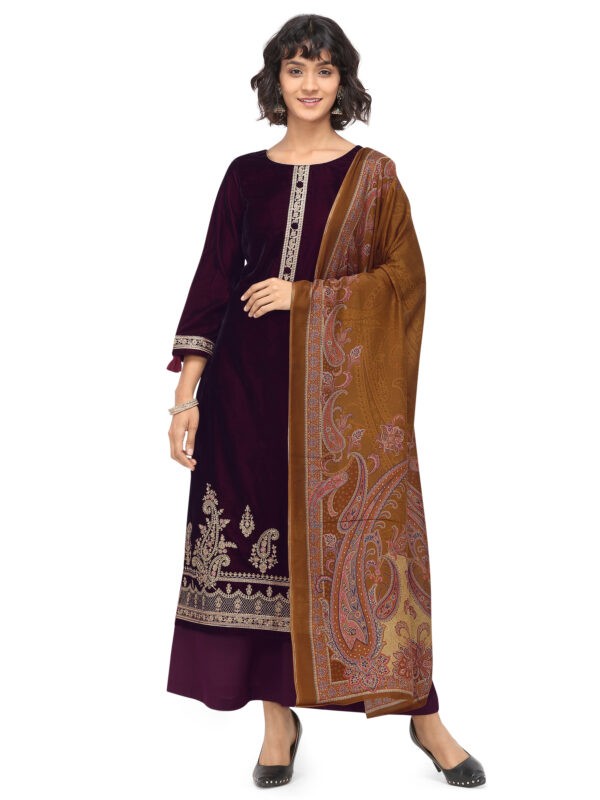 Stylee Lifestyle Purple Velvet Embroidered Dress Material