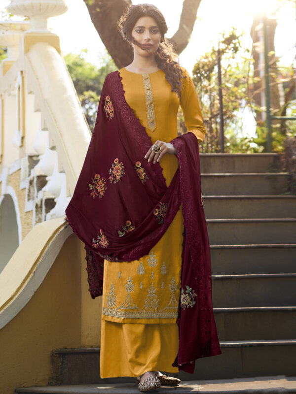 Stylee Lifestyle Yellow Tussar Silk Embroidered Dress Material