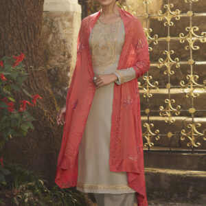 Stylee Lifestyle Beige Tussar Silk Embroidered Dress Material