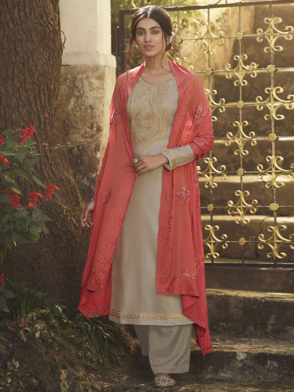 Stylee Lifestyle Beige Tussar Silk Embroidered Dress Material