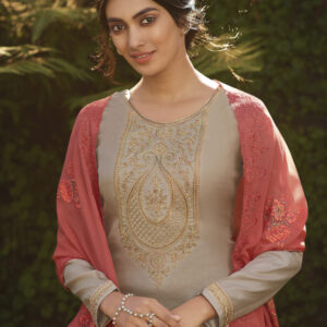 Stylee Lifestyle Beige Tussar Silk Embroidered Dress Material