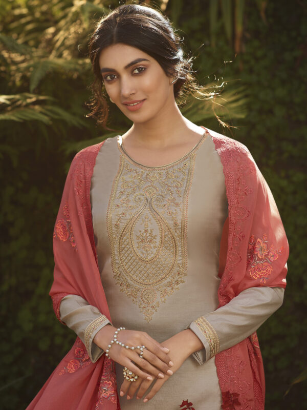 Stylee Lifestyle Beige Tussar Silk Embroidered Dress Material