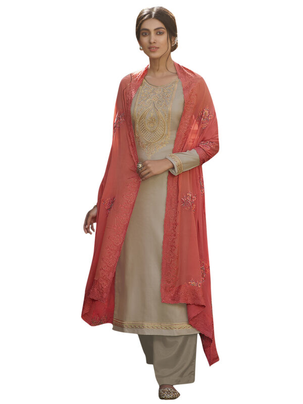 Stylee Lifestyle Beige Tussar Silk Embroidered Dress Material