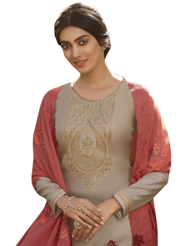 Stylee Lifestyle Beige Tussar Silk Embroidered Dress Material