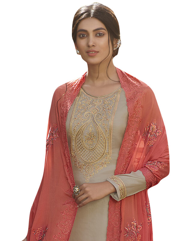 Stylee Lifestyle Beige Tussar Silk Embroidered Dress Material