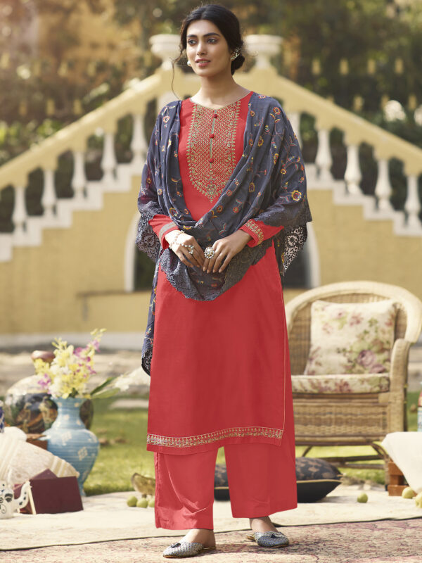 Stylee Lifestyle Coral Tussar Silk Embroidered Dress Material