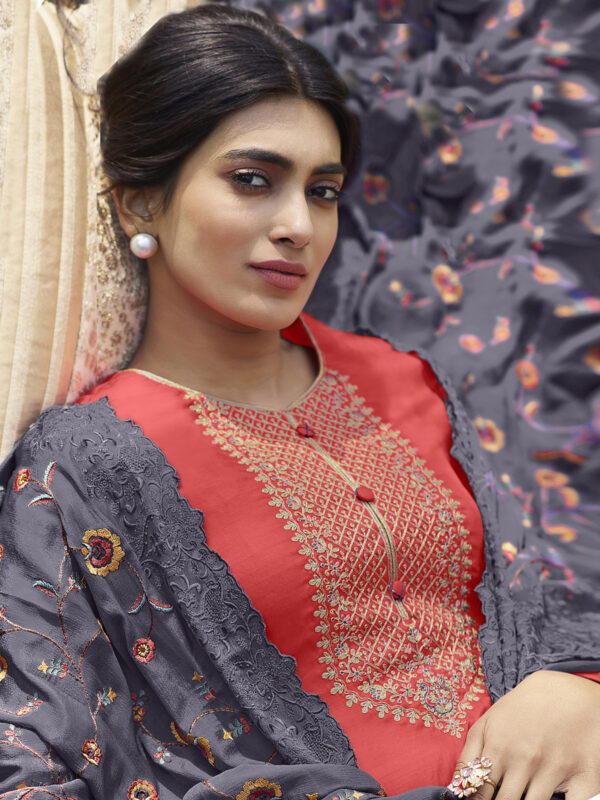 Stylee Lifestyle Coral Tussar Silk Embroidered Dress Material